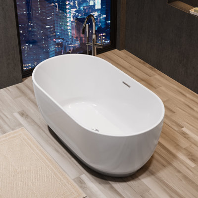 Baignoire autoportante en acrylique autoportante ovale blanc brillant avec trop-plein et drain intégrés