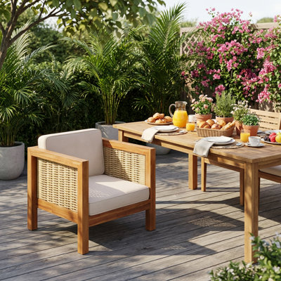 Durable Outdoor Club Chair with Woven Wicker Armrests and All-Weather Cushions, High Weight Capacity