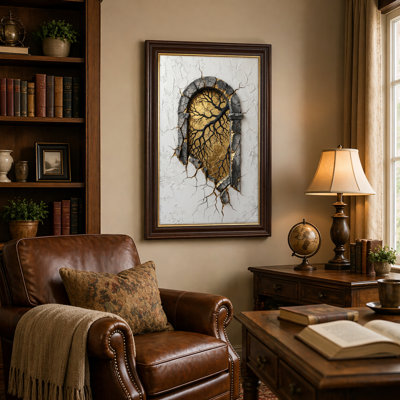 Art mural antique sur toile encadré doré pour le salon, la chambre à coucher, le bureau ou le vestibule - Décoration murale décorative avec arche fissurée