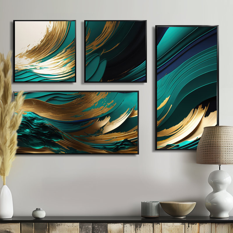 «Green and Gold Agate IV», reproduction d'art moderne sur toile 4 pièces, Impression encadrée sans passe-partout, Noir