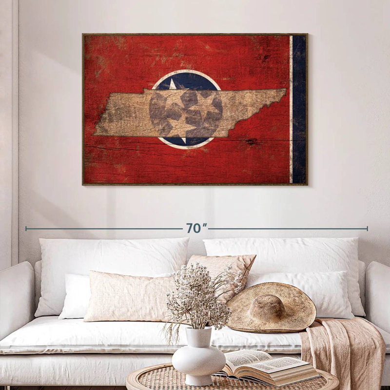 State Map Over Tennessee Flag, 46" X 31", Floating Frame Walnut