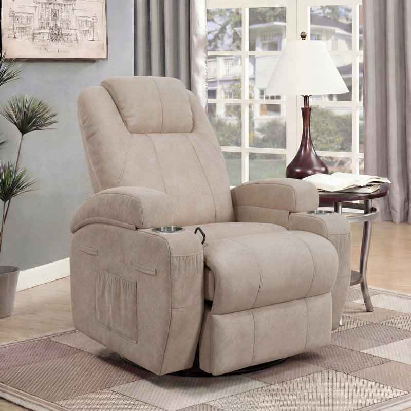 Reclining  Massage Chair with Swivel and Rocking Function, Beige Canvas