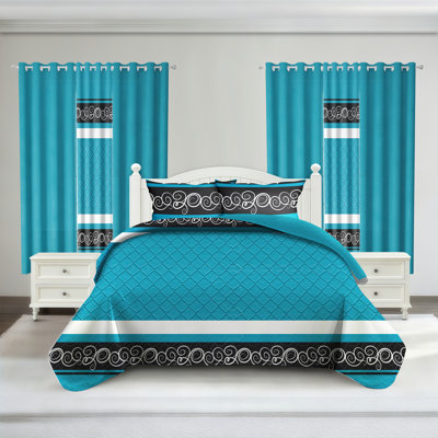 Ensemble de literie et rideaux californien 9 pièces très grand californien à motif tourbillon bleu sarcelle et noir (très grand californien) - Couvre-lit en microfibre matelassée + voilages