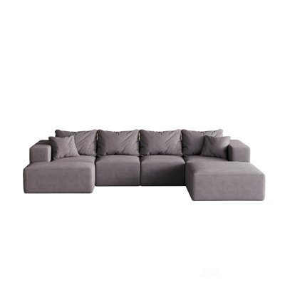 Modern Chenille Upholstered Sectional Sofa Set, L-Shaped Modular Design With 6 Pillows For Flexible Living Room Arrangements