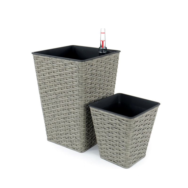 2 Hand Woven Self-Watering Planters - Gray For Indoor And Outdoor Beauty Stabilized Construction Smart Planter Duo & Weather Easy To Care