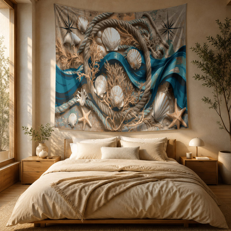 Tapisserie murale éléments nautiques côtiers, 88 po x 104 po
