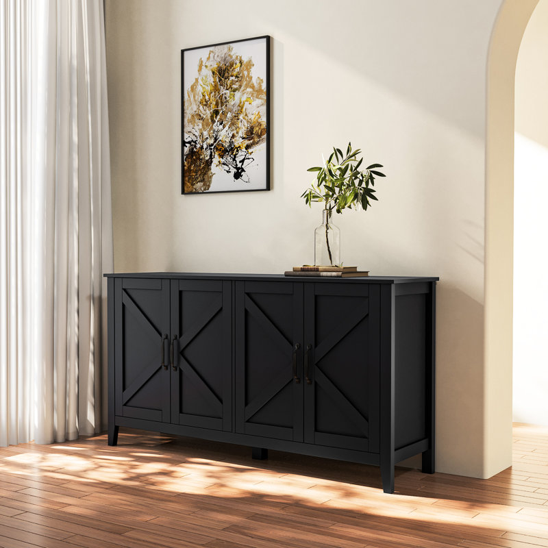 Armoire 4 portes et 4 tablettes ouvertes, buffet autoportant pour le bureau. Noir, 15,79 x 59,33 x 30,59 po, 91,1 lb, 40 kg de capacité de rangement. Portant