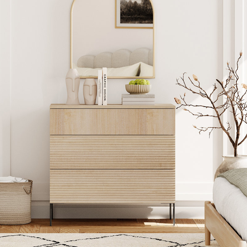 Union Rustic Modern Wood 3-Drawer Dresser With Reeded Design, Minimalist Dresser Organizer Storage For Bedroom,Living Room, Entryway
