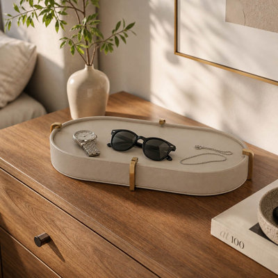 Plateau ovale en cuir avec repose-pieds en métal pour décoration intérieure - Plateau décoratif pour table basse, bijoux ou présentoir de cuisine - 16 po, ivoire et or