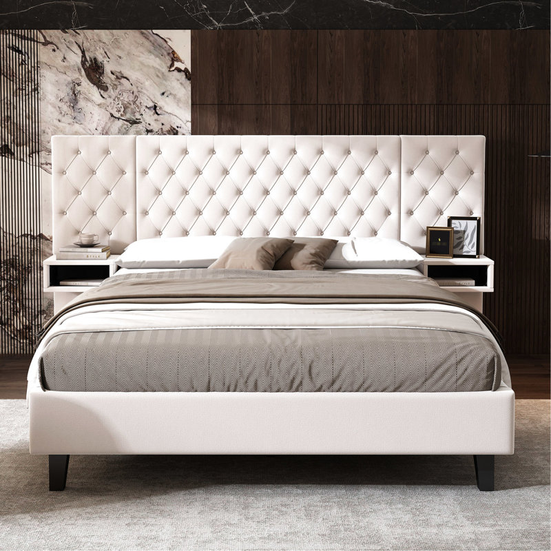 Grand lit plateforme avec revêtement en velours moderne et tête de lit, 2 tables de chevet, beige, sans sommier, tête de lit simple à assemblage simple