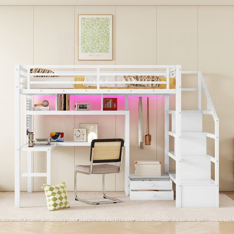 Lit mezzanine polyvalent en métal avec fonctionnalité intégrée, Blanc