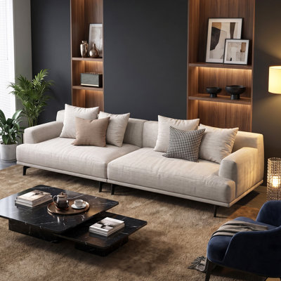 110.2" Modern Cotton Linen Sofa, Low-Profile 4-Seater Couch with 29.5" Deep Seat & 7.8" Wide Armrests, Beige