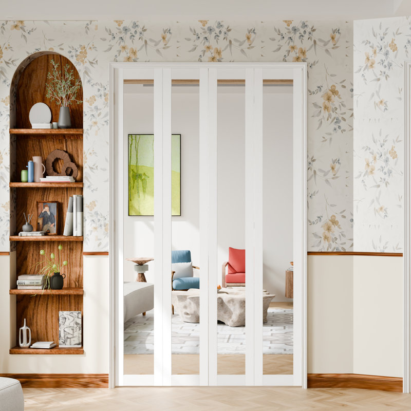 Porte pliante Compack 180: panneau de fibres à densité moyenne blanc miroir, revêtement en PVC, porte accordéon avec quincaillerie