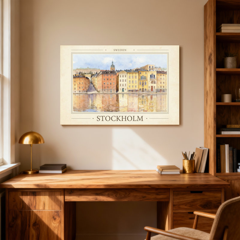 Paysages et paysages urbains, Stockholm, aquarelle, reflets de paysage urbain, Suède, H 28 po x l 40 po