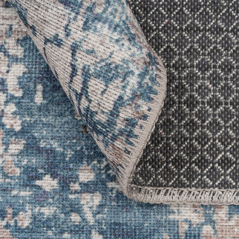 Machine Washable Blue Beige Modern Abstract Distressed Living Room Area Rug, Runner 60 x 240cm