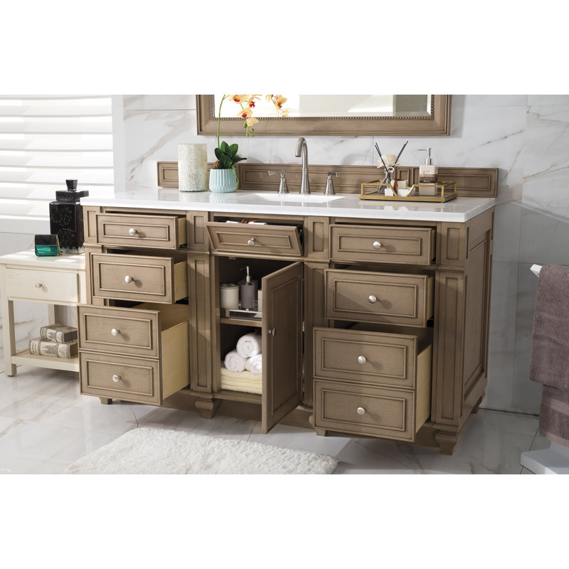 Bristol 60'' W Single Vanity, Whitewashed Walnut, White Zeus, 8" Widespread