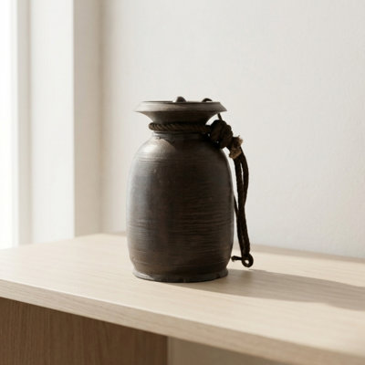 Distressed Brown Wooden Decorative Pot with Rope Detail – Farmhouse Accent Piece