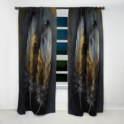 Gold Boho Chic Feathers I - Glam Feather Curtain - Blackout Floral Curtain - 1 Panels