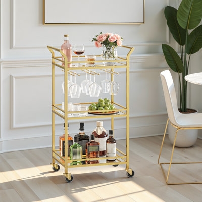 Chariot de service de bar maison, chariot de bar, petit chariot de bar avec tablette à 3 niveaux, porte-bouteilles, porte-verres, mini chariot de bar pour petits espaces, doré