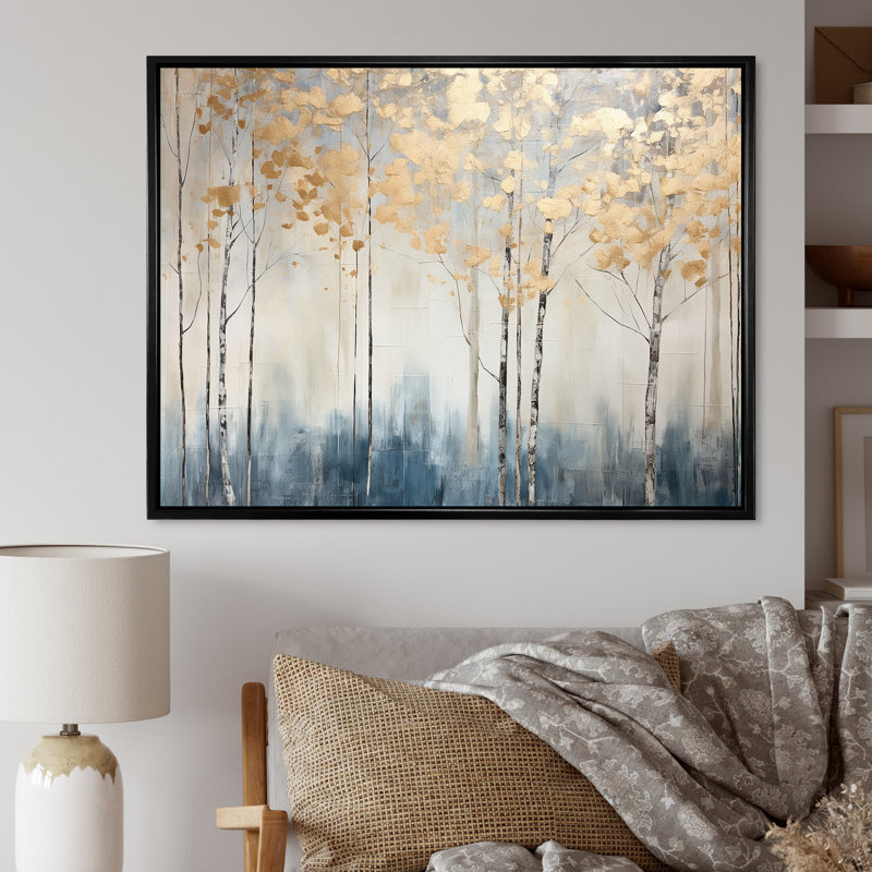 Minimalisme bleu et forêt dorée II - forêt, art mural, Cadre flottant noir, H 34 po x l 44 po x P 1,5 po