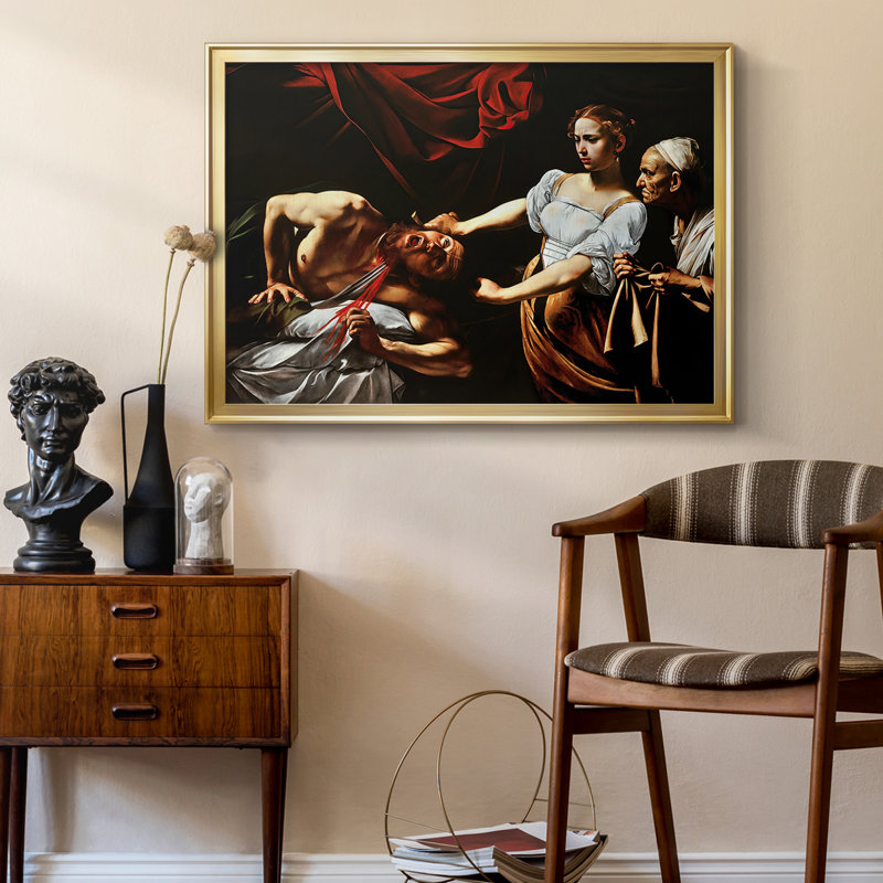 «Judith Beheading Holofernes-Caravaggio», toile tendue avec châssis-c. 1599-1602, 22,5 x 30,5, Framed Canvas, Or