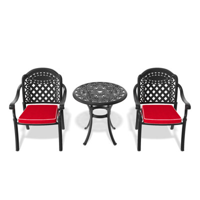 3 Cast Aluminum Patio Furniture , Black, Random Color Cushions For Outdoor Merriment Time, Stackable Chairs, Round Table With Umbrella Hole Garden Patio,