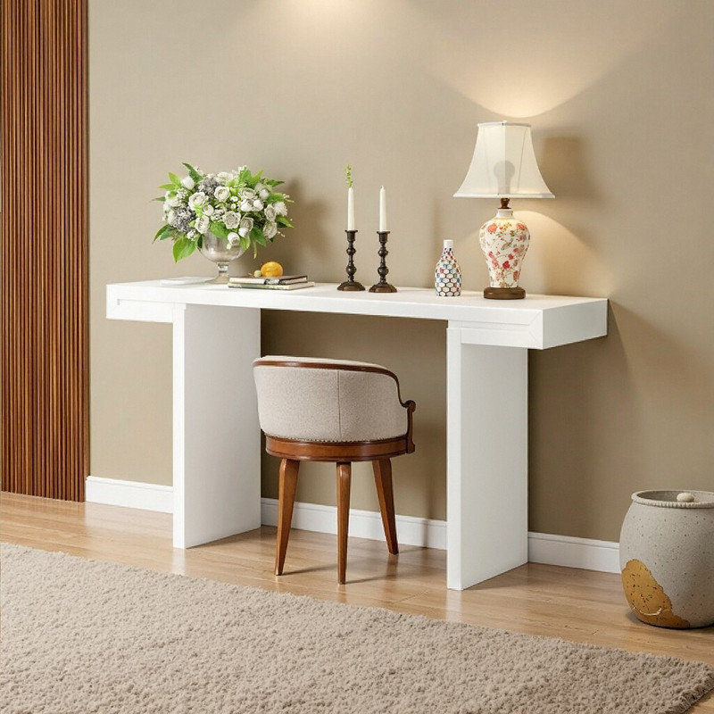 60-Inch MDF Console Table with Geometric Design and Adjustable Feet for Living Room Entryway Hallway, White