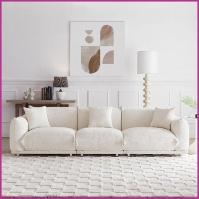 Canapé moderne en sherpa à 4 places avec structure en bois massif et pieds en métal 3 coussins - Conception linéaire modulaire pour la chambre à coucher du salon
