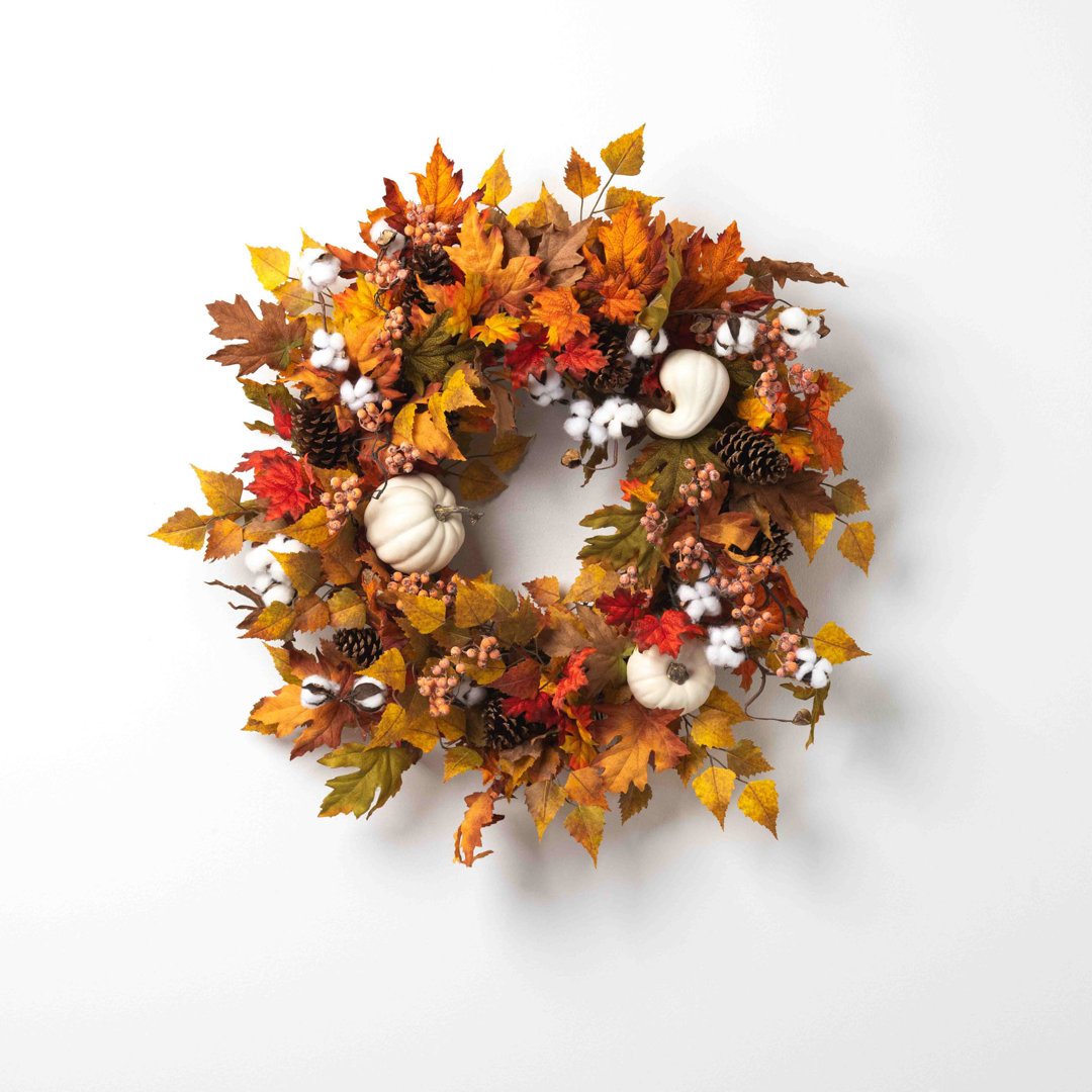Fall Celebrations Pumpkins, Gourds, Pinecone, and Cotton Front Door Thanksgiving Silk Wreath Rosalind Wheeler 