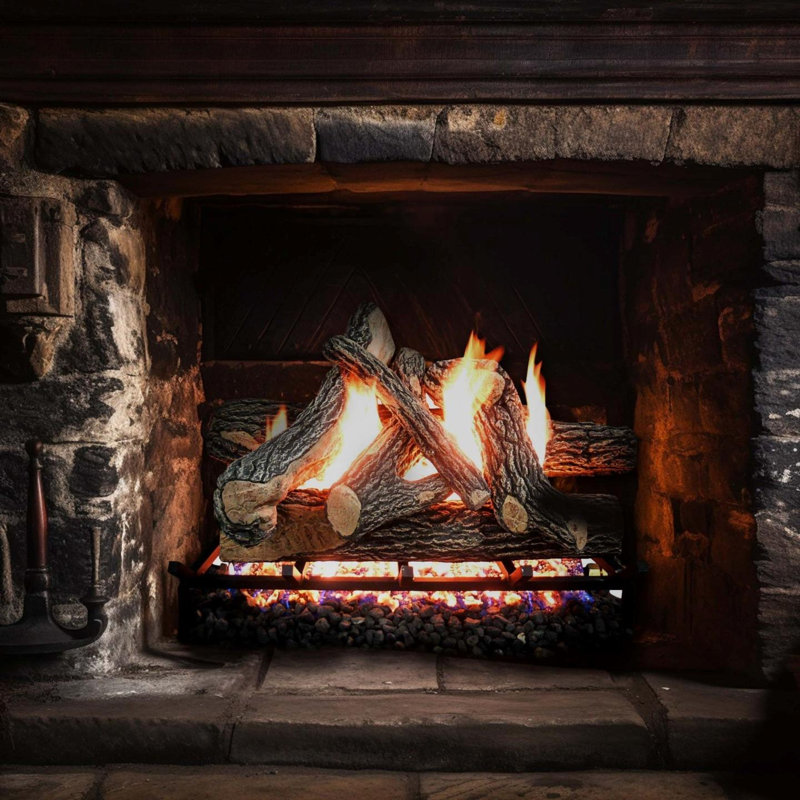 Ensemble de bûches au gaz et de foyer Great Oak pour foyers ventilés, H 18 po x l 22 po x P 15 po, Gaz naturel