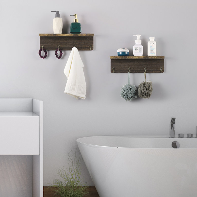 Solid Wood Wall Organizer with Key Hooks, Brown