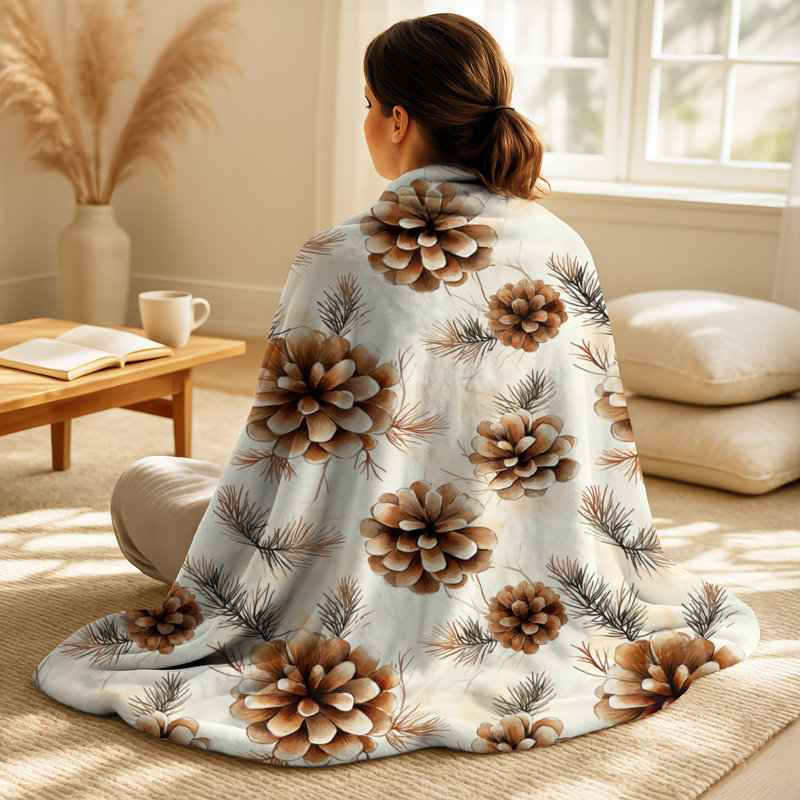Rustic Pinecone Light – Brown Floral Cozy Blanket, Farmhouse Soft Throw