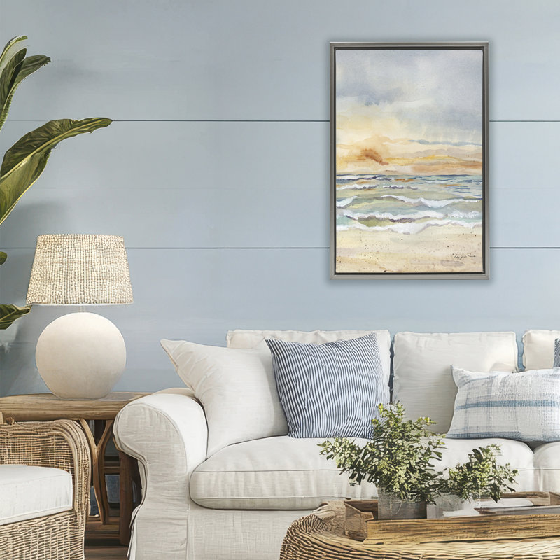Cadre flottant Sunrise Serenity Sea Waves, design par Audrey Jeanne Roberts, Cadre flottant gris lustré, H 31 po x l 21 po