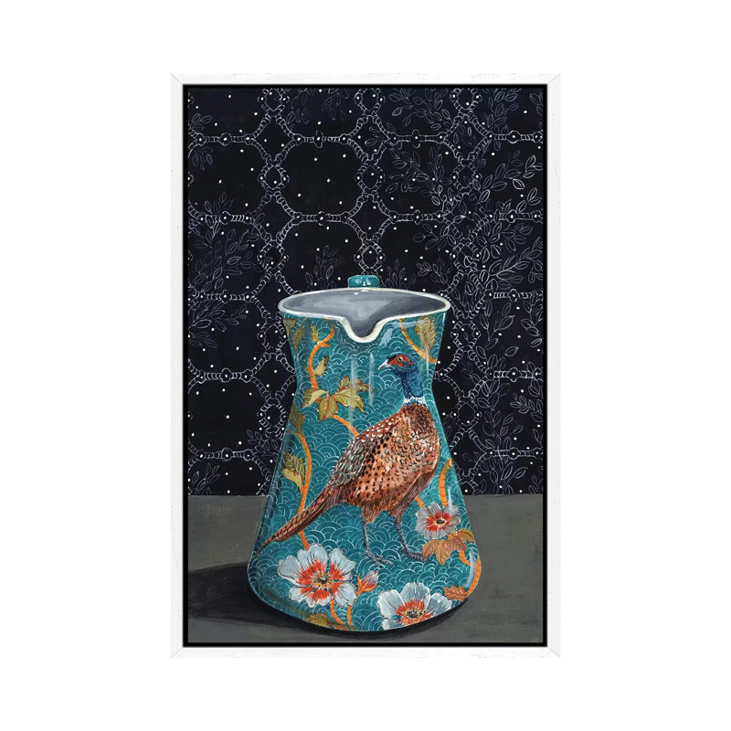 Turquoise Pitcher With Pheasant by Miri Eshet - Painting on Canvas, White Framed, 101.6 cm H x 66.04 cm W