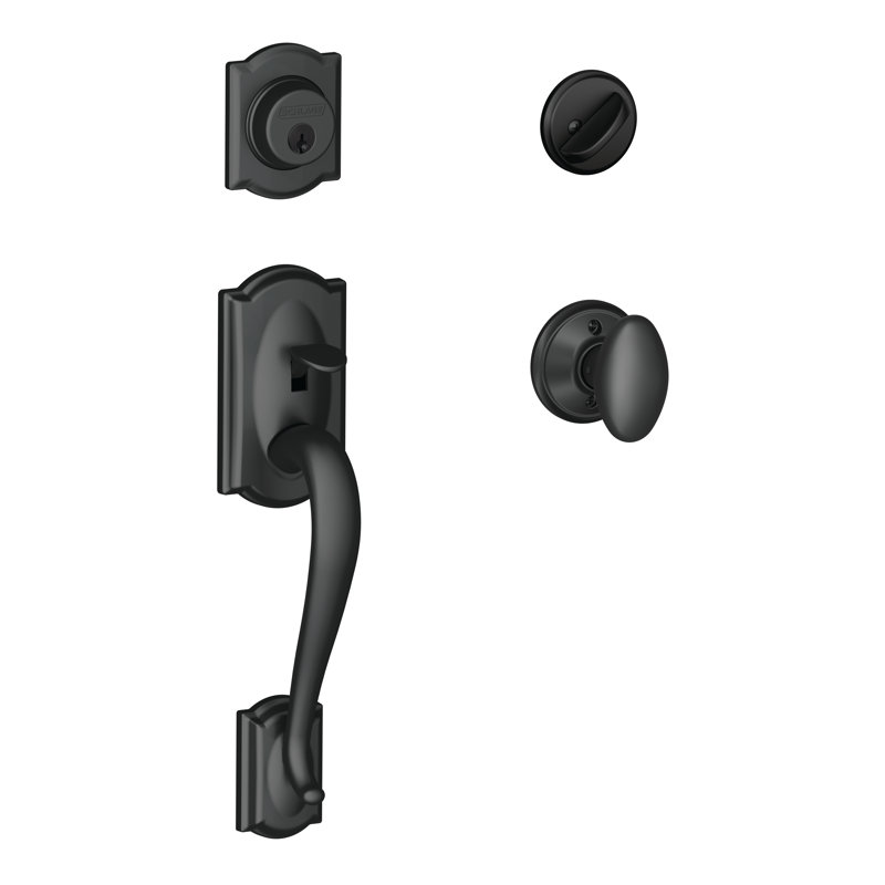 Jeu poignées camelot avec verrou et bouton de porte siena et rosette à cylindre simple, Noir mat