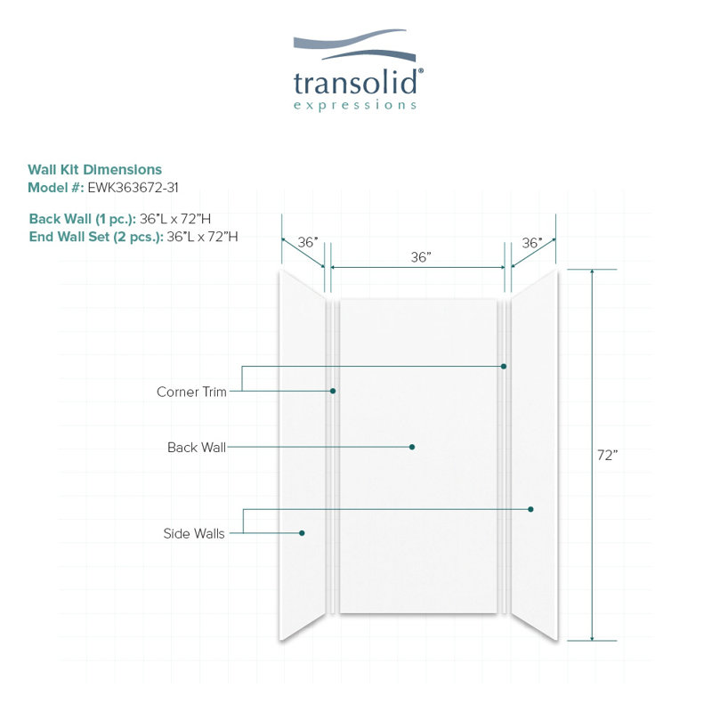 Expressions 48" W x 36" D 3 Panel Shower Wall, White, 72" H x 36" W x 36" D