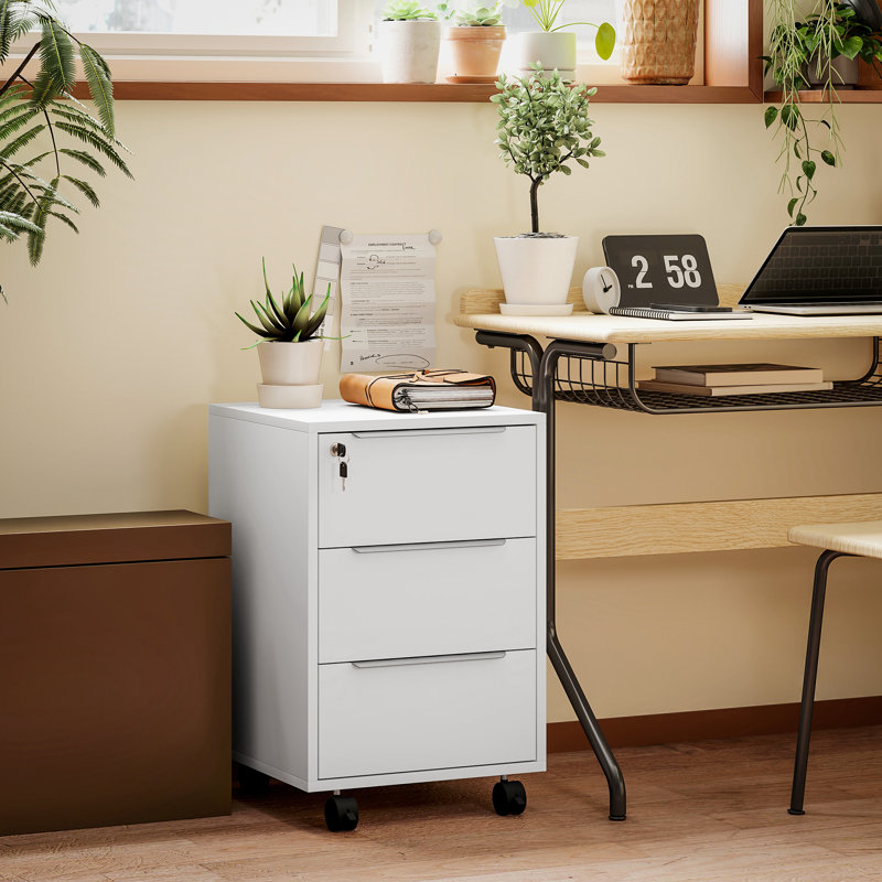 HOMCOM Modern 3-Drawer Locking File Cabinet Mobile Filing Cabinet, White/White