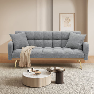 Classic Teddy Fabric Upholstered Convertible Futon Sofa Bed with 2 Throw Pillows by Everly Quinn