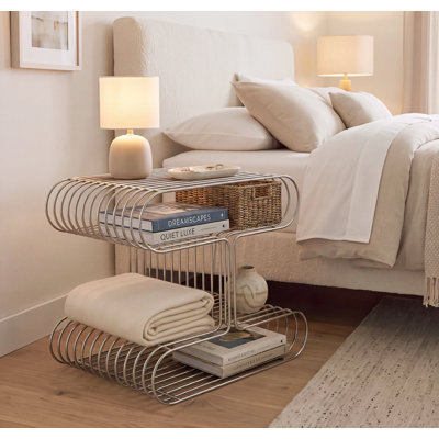 Table d'appoint moderne en métal argenté avec porte-revues, table de bout en forme de H avec tablette de rangement ouverte pour le salon, la chambre à coucher et le bureau