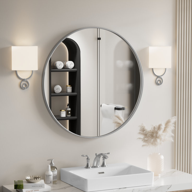 Morena Metal Framed Round Wall Bathroom Mirror for Wall Decor, 24" x 24", Silver