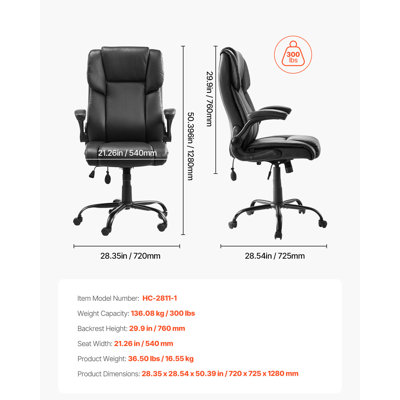 Fauteuil de direction avec soutien lombaire, fauteuil de bureau d'une capacité de 300 lb avec accoudoirs rabattables et coussin lombaire, fauteuil ergonomique réglable en hauteur, fauteuils de bureau inclinables en cuir polyuréthane