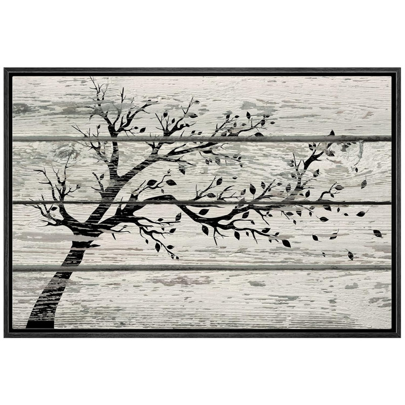 Arbre avec feuilles en noir et blanc sur fond effet bois rétro, impression sur toile rustique, H 24 po x l 36 po