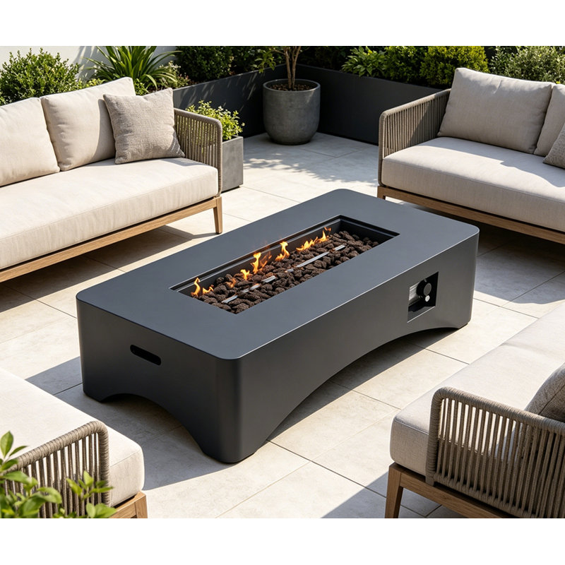 56" Propane Fire Pit Table, Rectangular Outdoor Gas Fire Pit 50,000 BTU, Modern Minimalist Fire Table for Patio Backyard Deck, Concrete Firepit with Waterproof Cover, Lava Rocks & Tank Seat –Dark Grey 