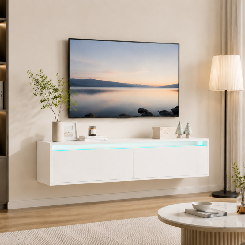 Agnon Floating TV Stand with RGB LED, Storage & Cable Management, 100/200cm, White, 30cm H x 100cm L x 33cm W
