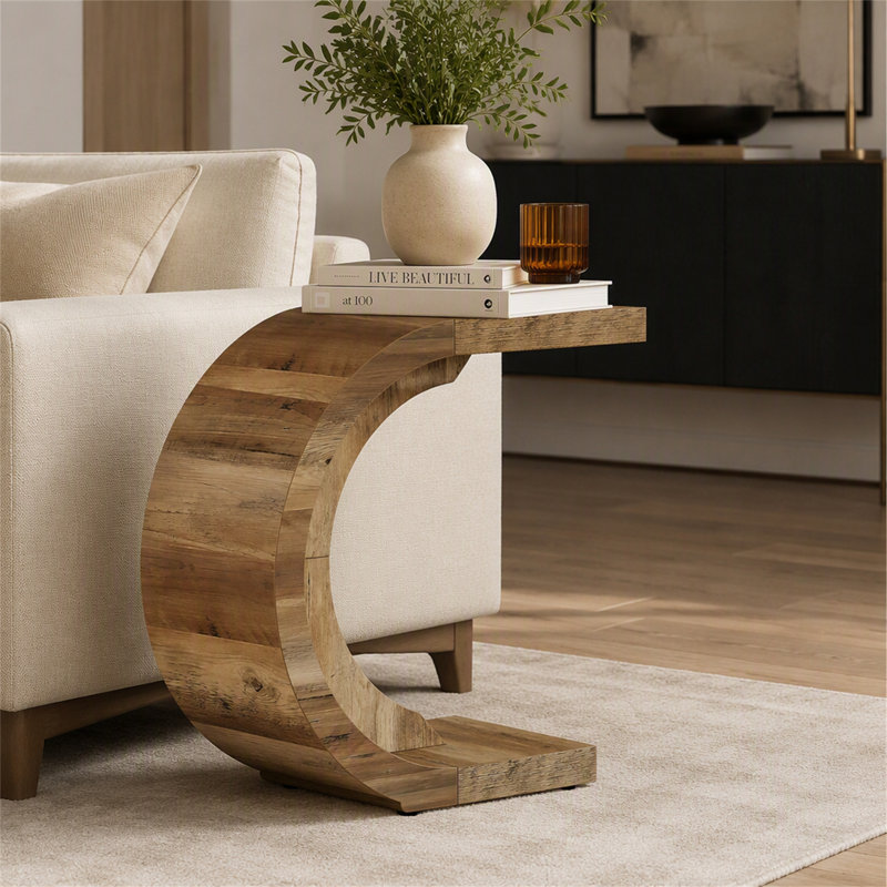 Table de bout en C, table d'appoint en bois, Rustic Brown, Rustic Brown, Rustic Brown