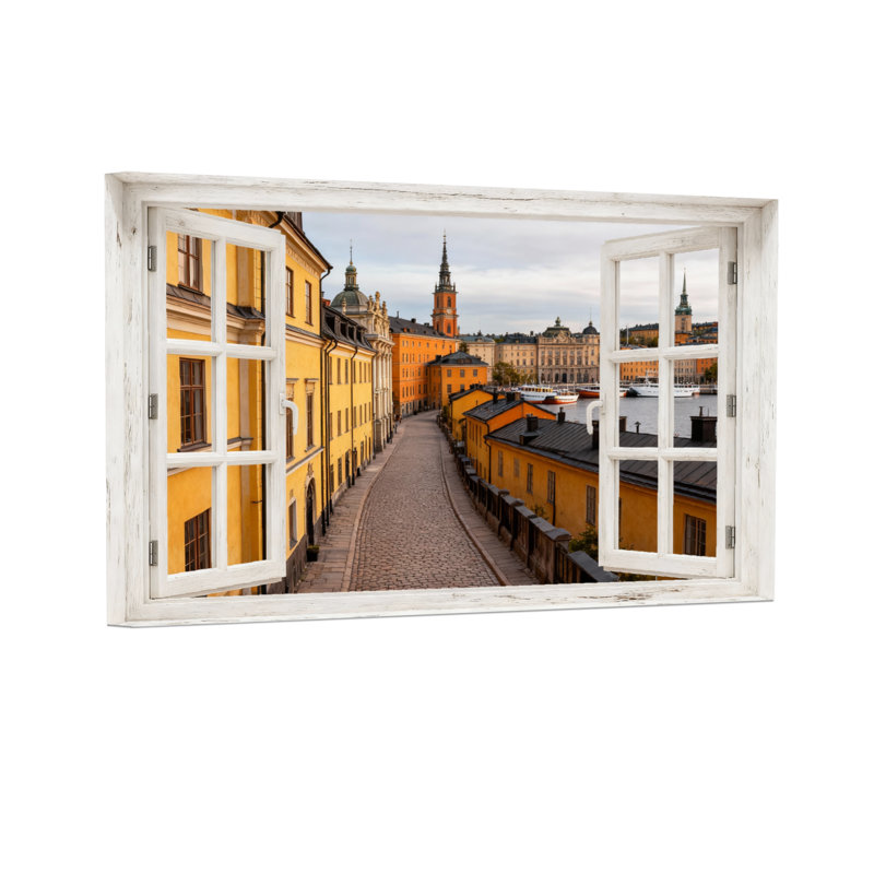 Paysage et nature, vue de rue européenne à travers un cadre de fenêtre, H 24 po x l 36 po