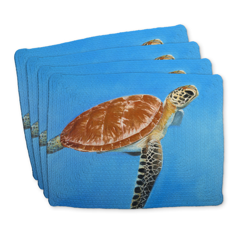Napperon en polyester vert tressé tortue aquatique | Ensemble de 4