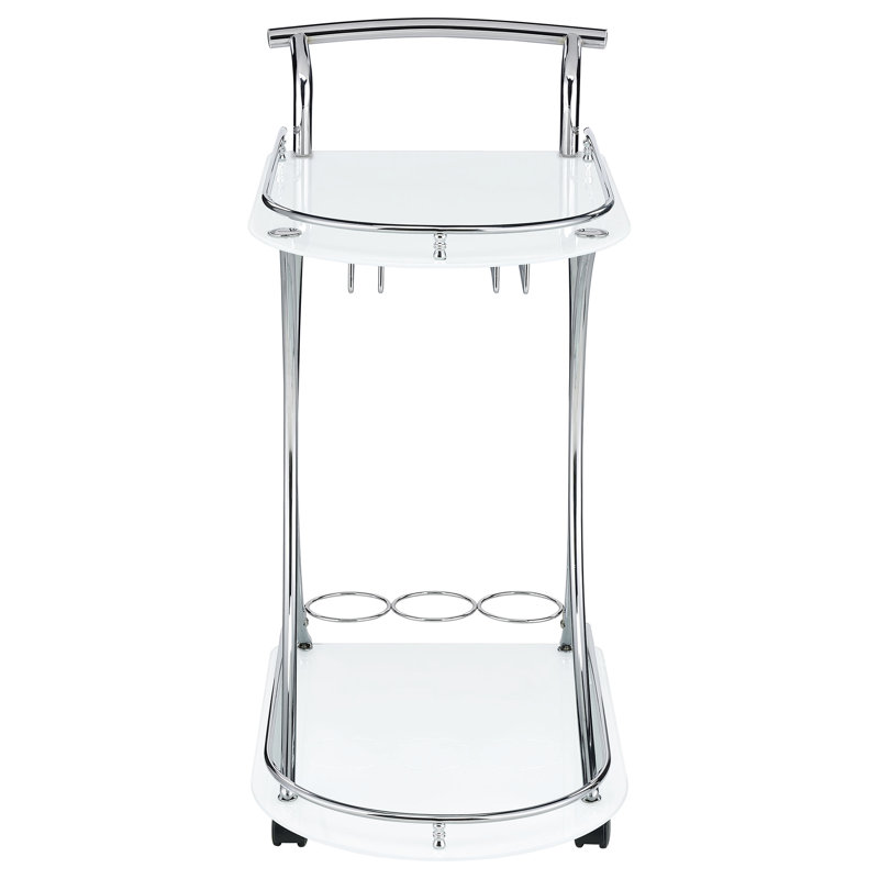 Chariot-bar en métal à 2 tablettes en verre blanc, pour l'organisation de la salle à manger, un support à verres à pied et trois supports à vin, d'une profondeur de 16,13 pouces avec une option de rangement, 26,5 W