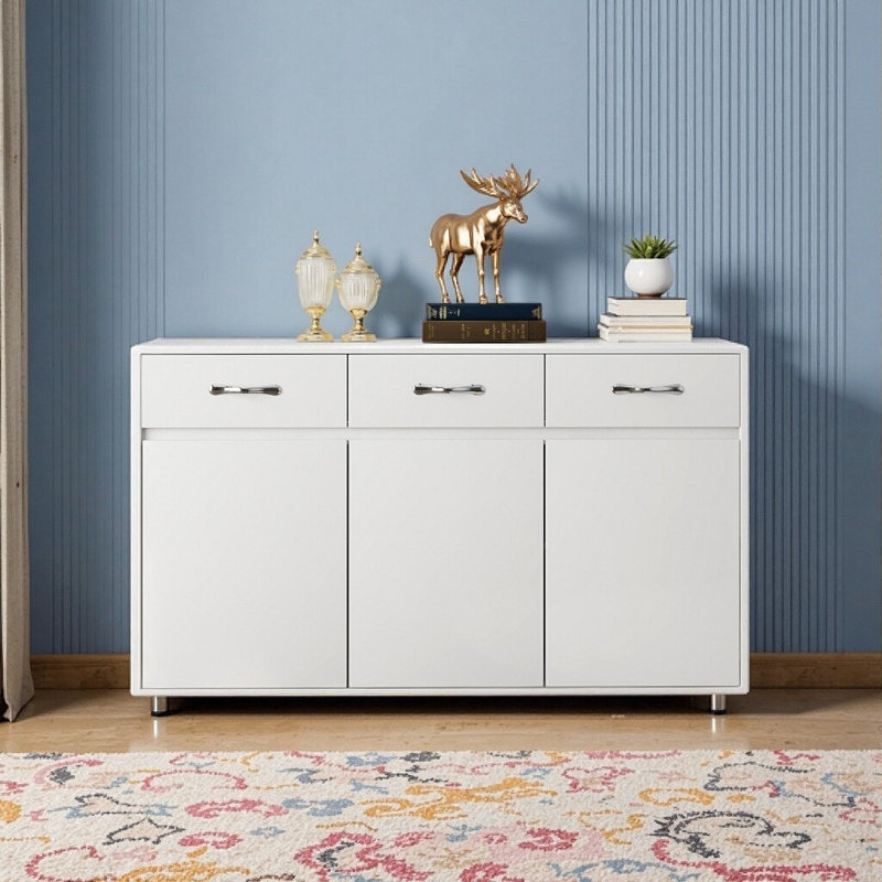 Montelle White Three Doors Buffet Side Table - Versatile Storage Cabinet, White