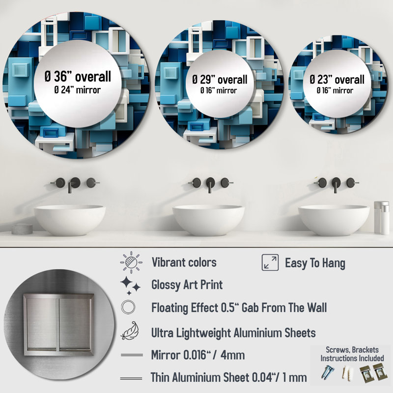 «Op Art Blue Geometric Focus», miroir mural rond, art décoratif imprimé, 29 po x 29 po